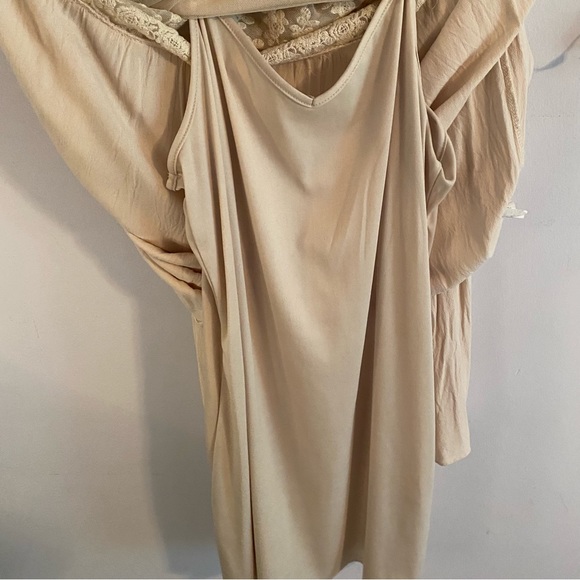 Soprano Tan Mesh Top Mini Dress with Long Bell Sleeves - Picture 9 of 12